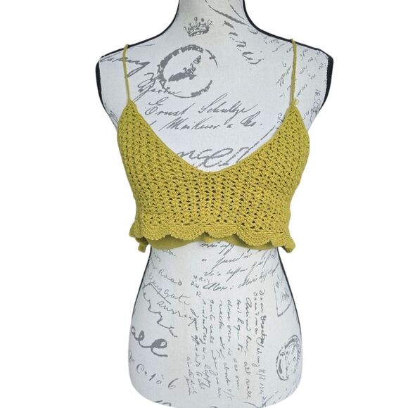 Free People -363 Intimately Citron Tie Back‎ Crochet Knit Crop Top Size M - Picture 1 of 8